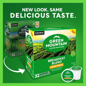 Packaging of Green Mountain Breakfast Blend highlighting recyclable K-Cup pods.