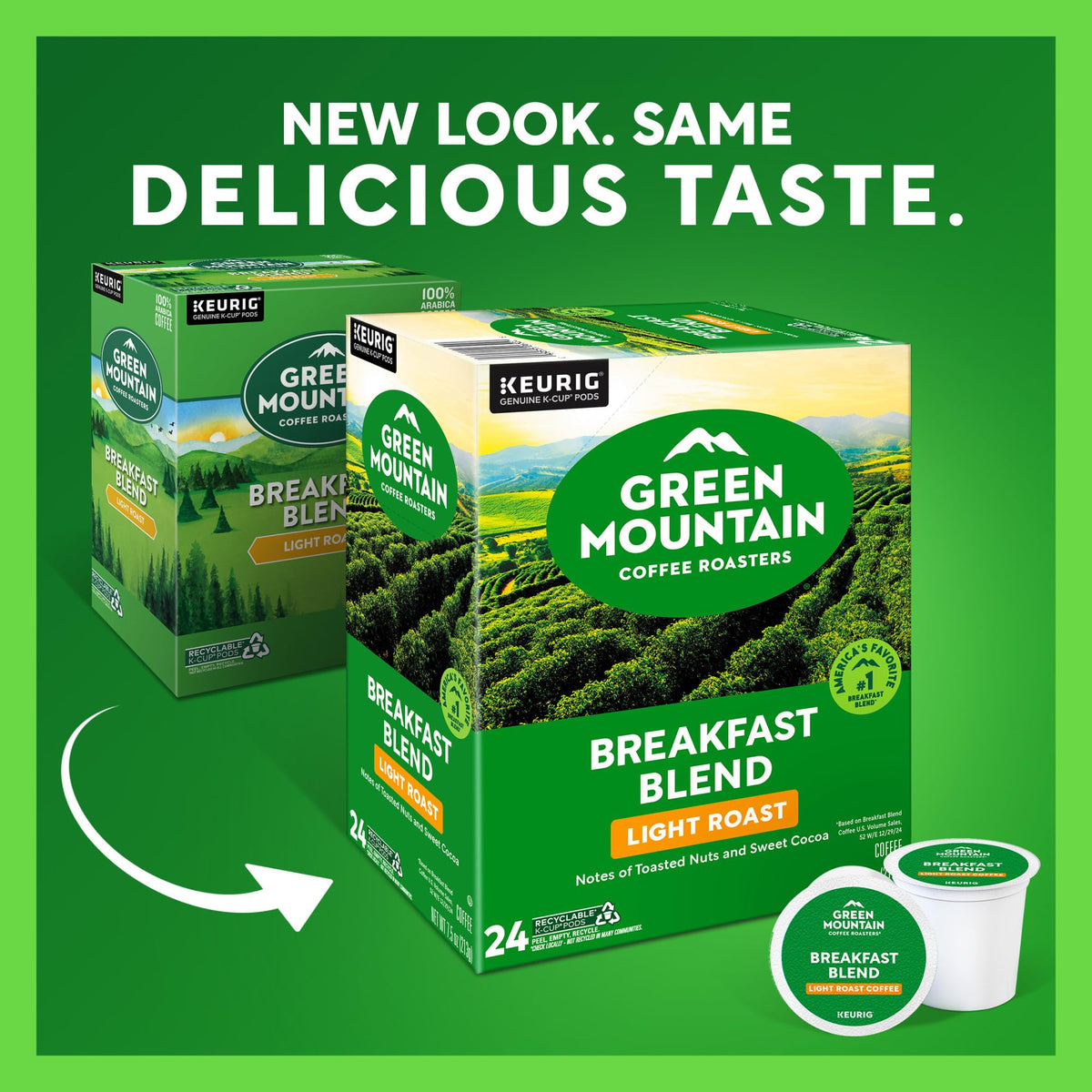 Green Mountain Breakfast Blend packaging highlights recyclable pod and sustainable sourcing.