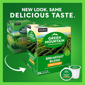Green Mountain Breakfast Blend packaging highlights recyclable pod and sustainable sourcing.