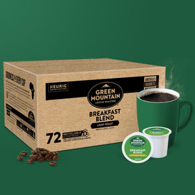 Green Mountain Breakfast Blend pods stacked in a neat display.