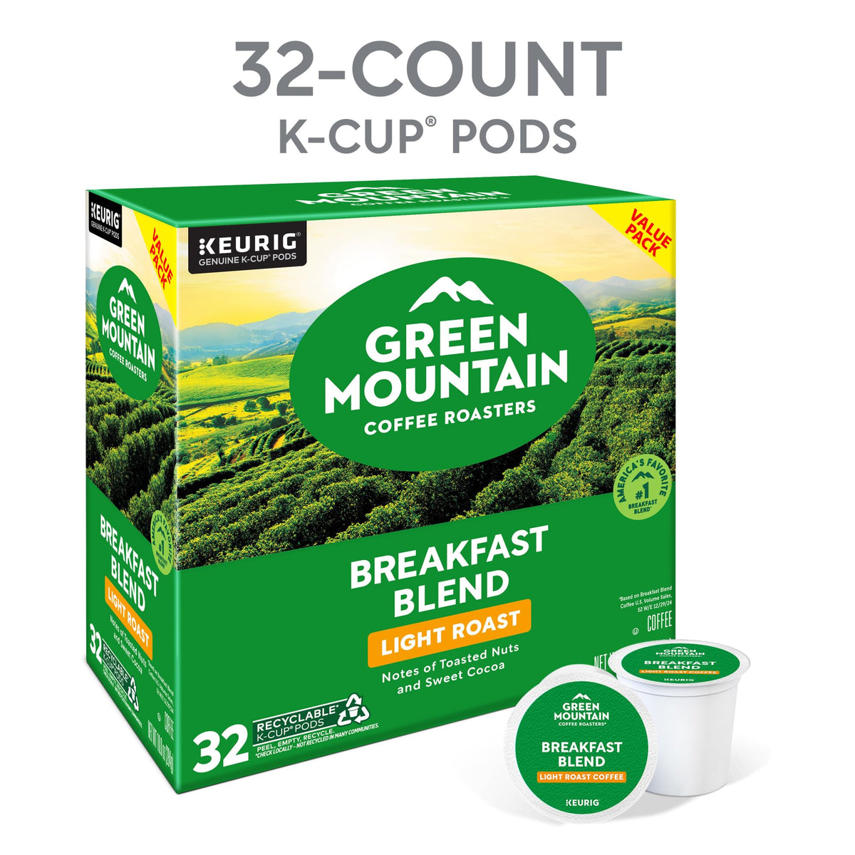 Steaming cup of Green Mountain Breakfast Blend showing the light roast.