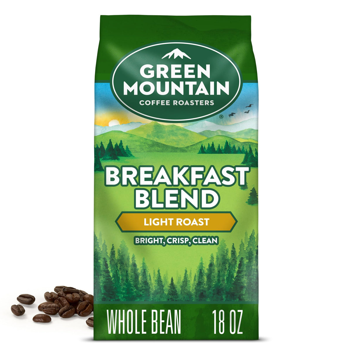 Green Mountain Breakfast Blend whole bean 18 oz for a fresh morning brew.