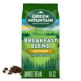 Green Mountain Breakfast Blend whole bean 18 oz for a fresh morning brew.