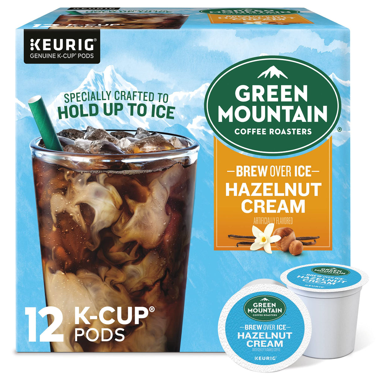 Green Mountain Brew Over Ice Hazelnut Cream pod ready for a refreshing iced coffee.