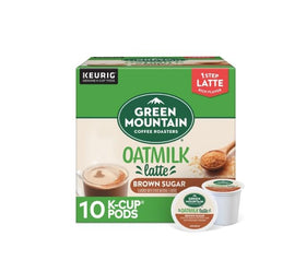Green Mountain Brown Sugar Oatmilk Latte K-Cup box front, quick brew convenience