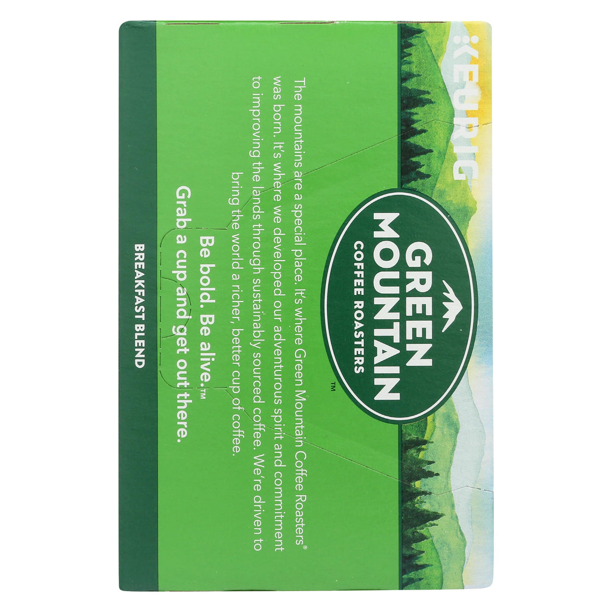 Green Mountain Coffee Breakfast Blend label emphasizing light roast profile.