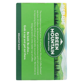Green Mountain Coffee Breakfast Blend label emphasizing light roast profile.