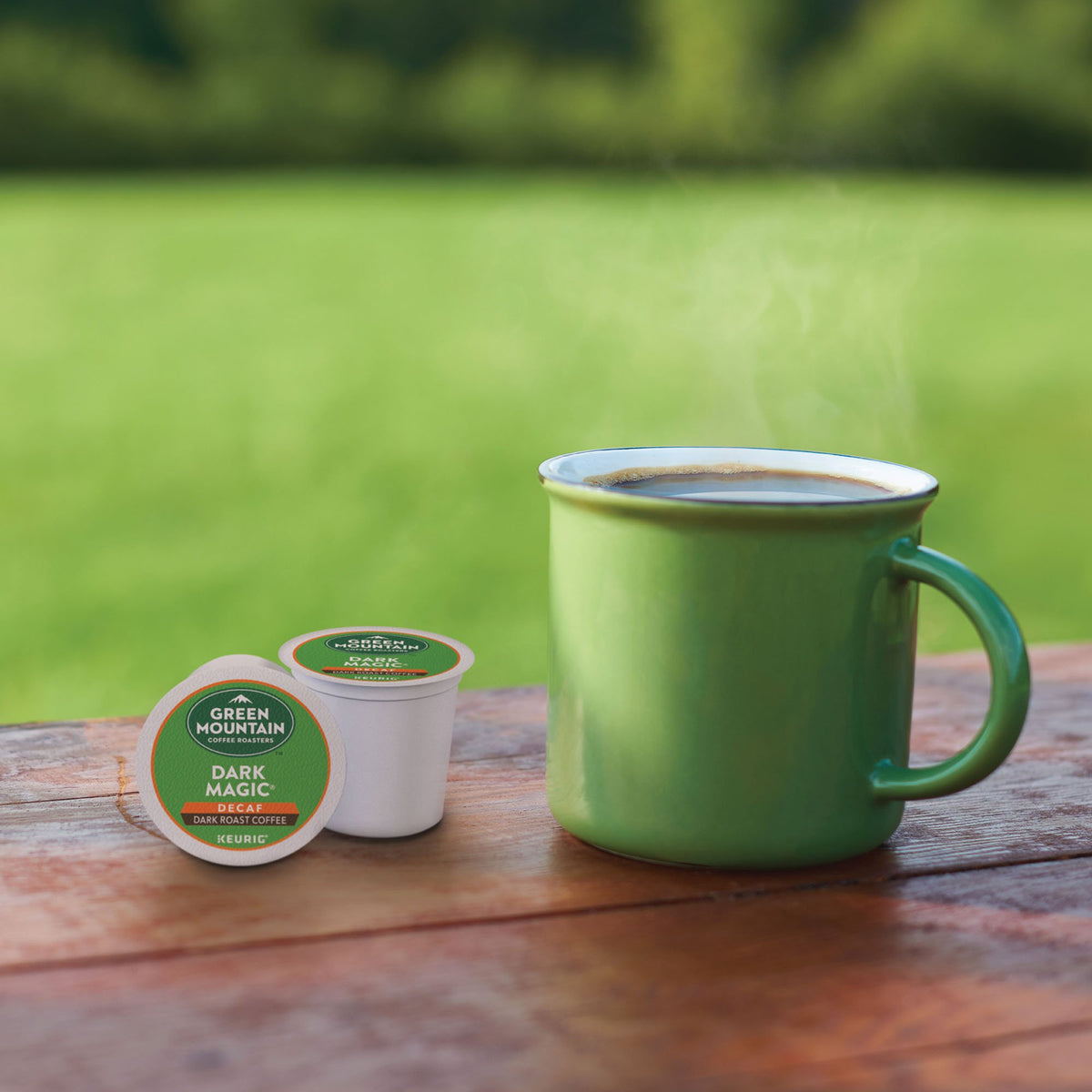 Steaming cup of Green Mountain coffee inviting aroma