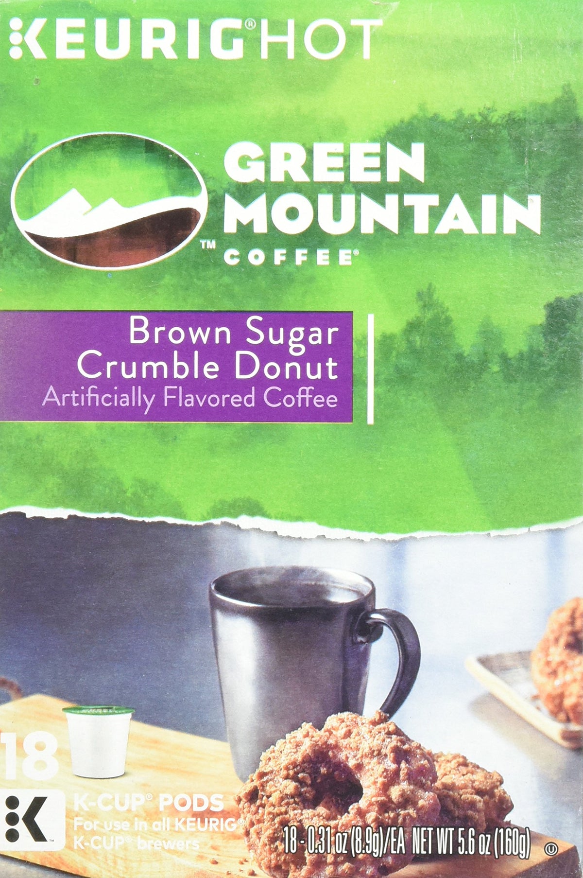 Green Mountain Coffee branding on box reinforces trusted flavor and convenience.