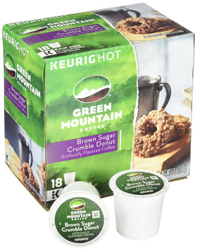 Green Mountain Coffee Brown Sugar Crumble Donut packaging close-up shows 18-count box and donut-inspired flavor.