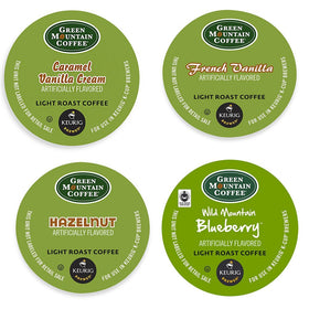 Green Mountain Coffee flavored variety box front view for quick, flavorful mornings.