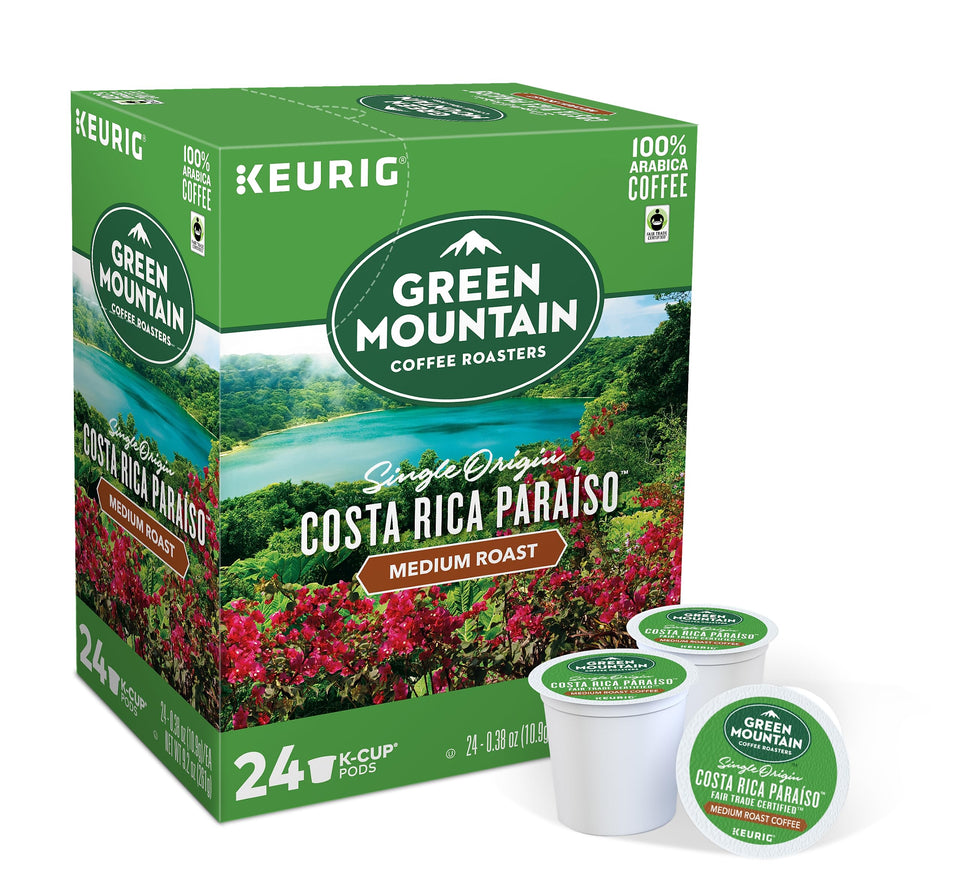 Green Mountain Coffee Costa Rica Paraiso K-Cup pack, convenient box for daily home brewing.