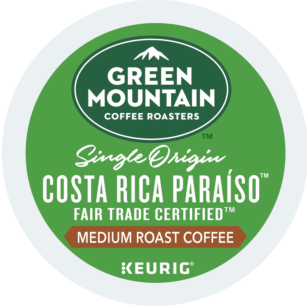Green Mountain Coffee Costa Rica Paraiso K-Cup pods close-up highlighting cocoa and caramel notes.