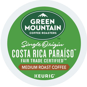 Green Mountain Coffee Costa Rica Paraiso K-Cup pods close-up highlighting cocoa and caramel notes.