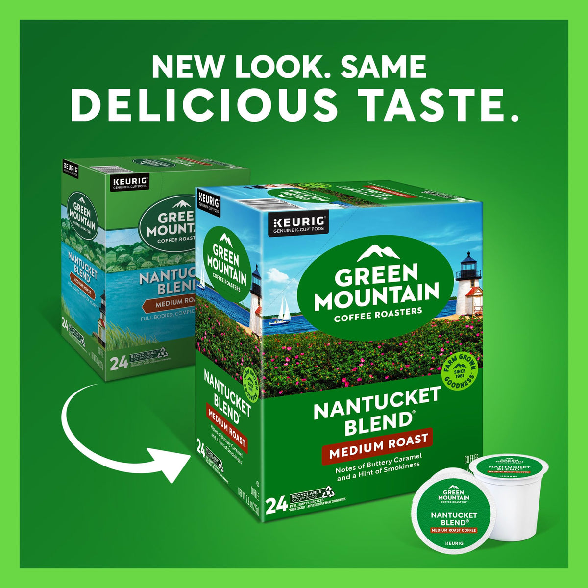 Nantucket Blend K-Cup pods close-up highlighting aromatic, balanced flavor potential