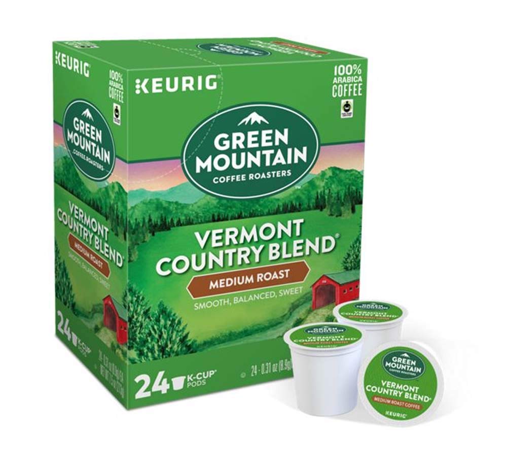 Green Mountain Vermont Country Blend K-Cups ready for Keurig machines, offering bold flavors and convenience.