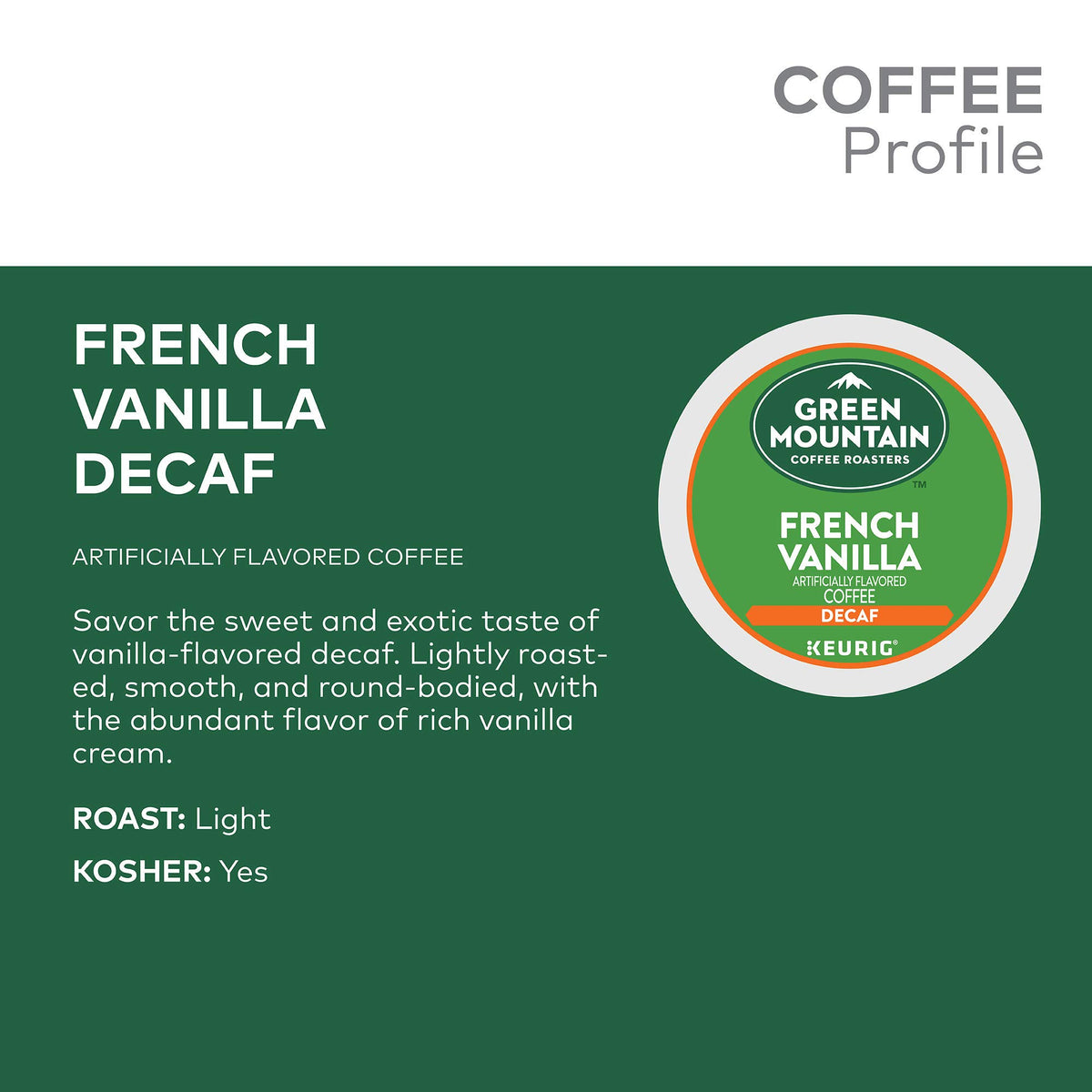 Packaging for Green Mountain French Vanilla Decaf 96-count K-Cups.