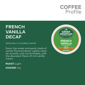 Packaging for Green Mountain French Vanilla Decaf 96-count K-Cups.