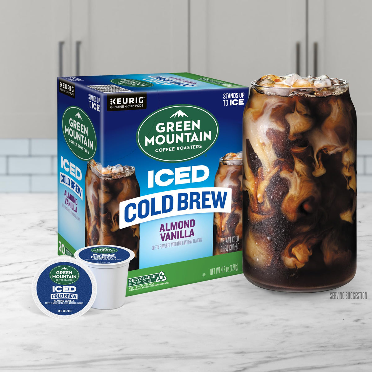 Green Mountain Arabica beans shown with vanilla and almond notes