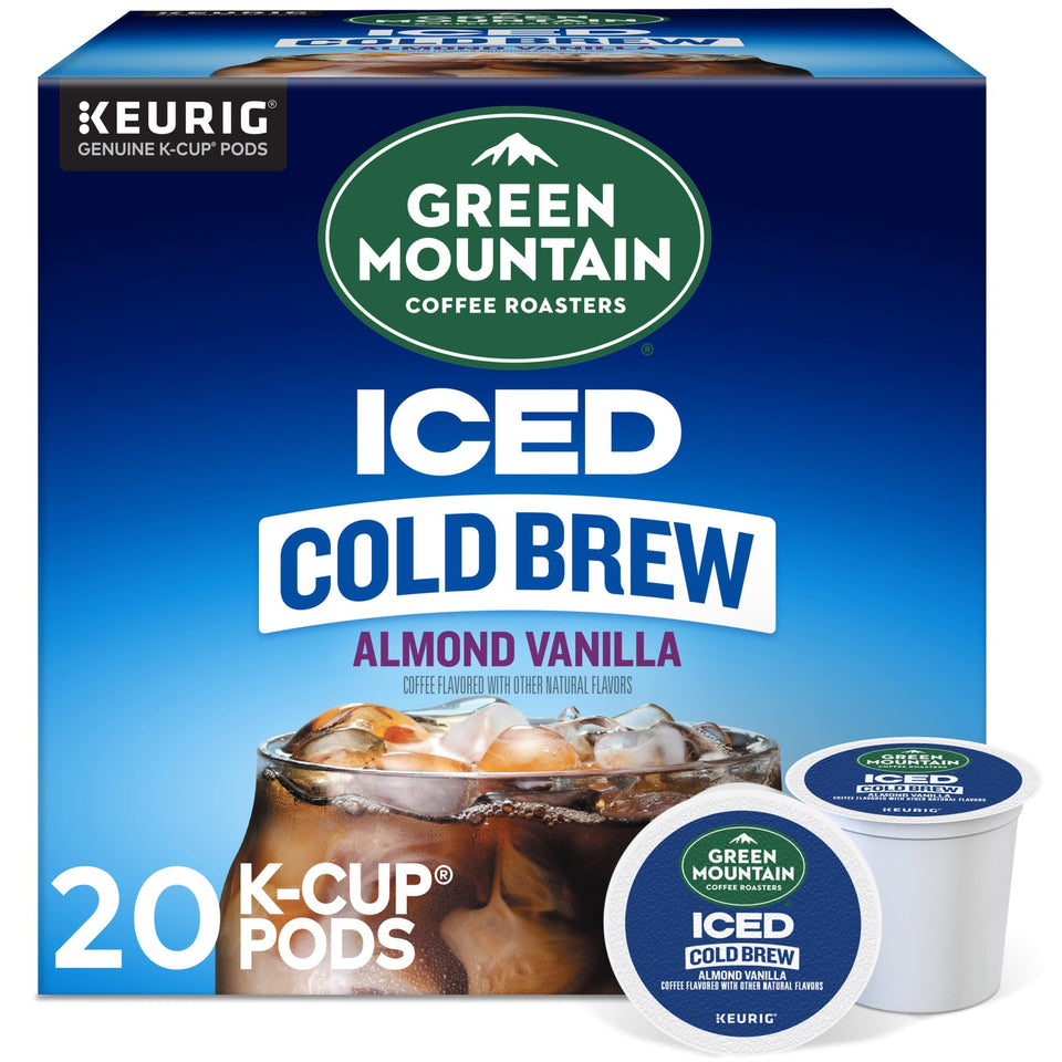 Green Mountain Almond Vanilla Iced Cold Brew pods ready on shelf for easy iced coffee