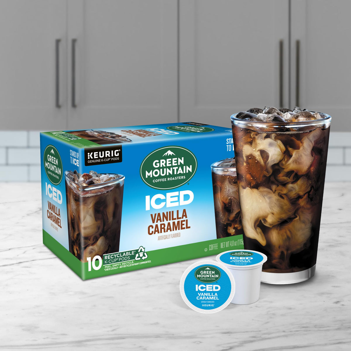 Aromatic steam rises from a cup of Green Mountain ICED Vanilla Caramel
