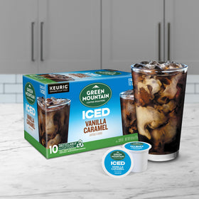 Aromatic steam rises from a cup of Green Mountain ICED Vanilla Caramel