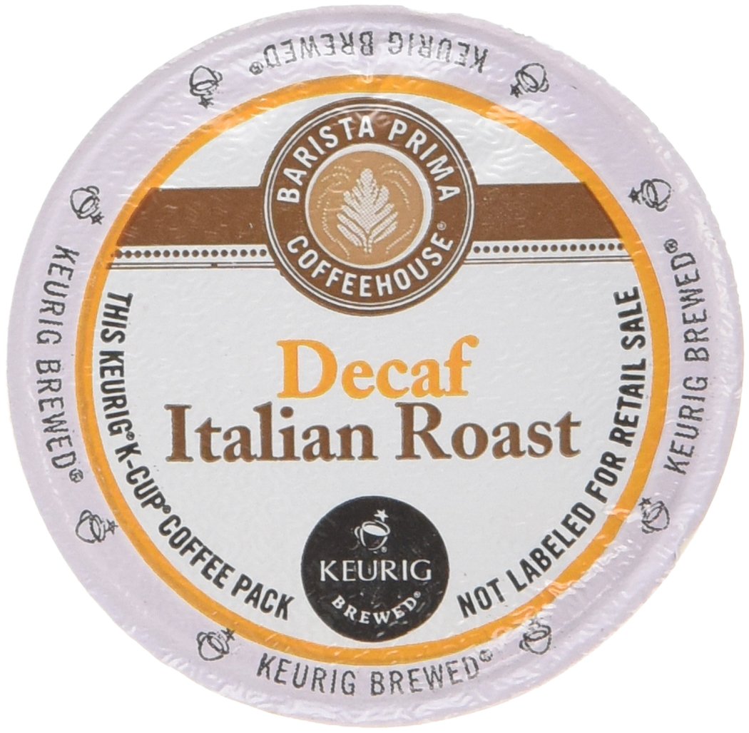 Green Mountain Barista Prima Decaf Italian K-Cup box front, premium dark roast for evenings