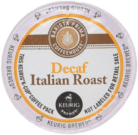 Green Mountain Barista Prima Decaf Italian K-Cup box front, premium dark roast for evenings