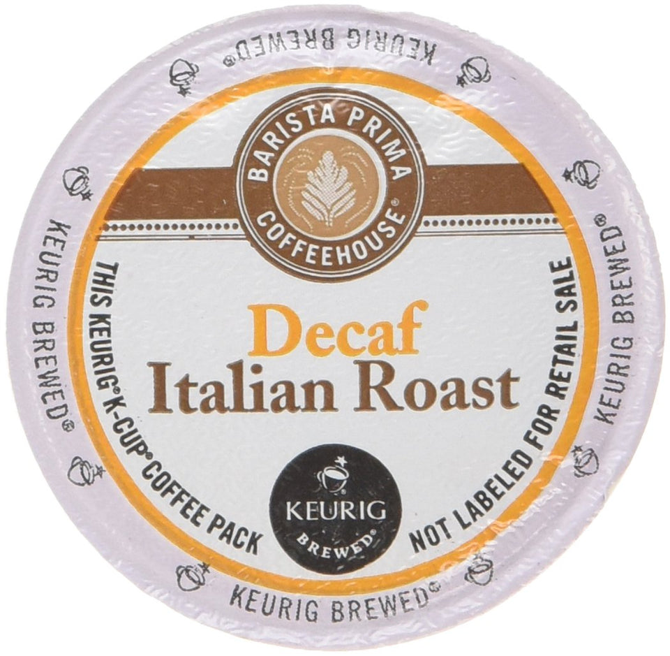 Green Mountain Barista Prima Decaf Italian K-Cup box front, premium dark roast for evenings