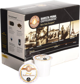 Green Mountain Barista Prima Decaf Italian K-Cup packaging on shelf for convenient Keurig brews