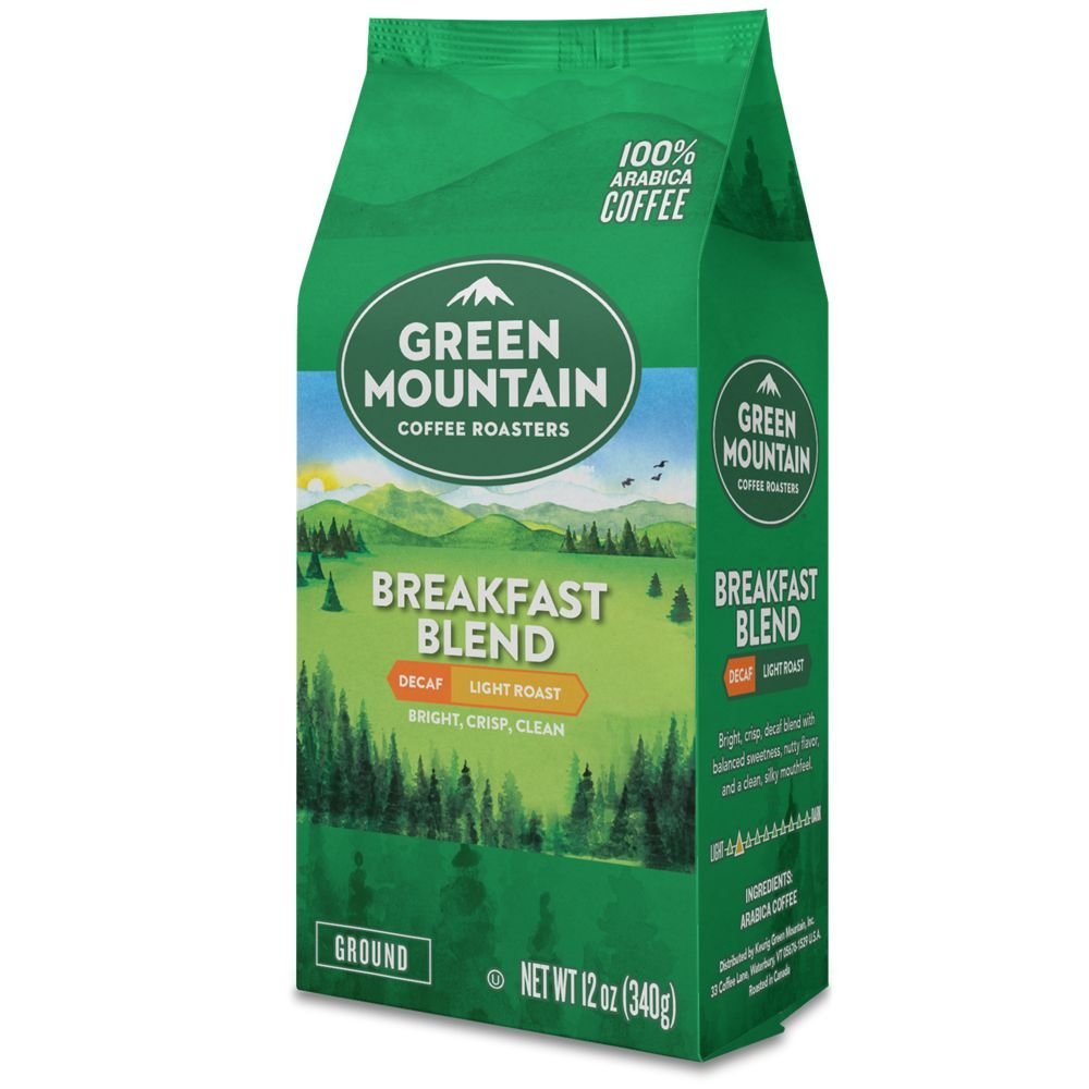 Green Mountain Coffee Roasters Breakfast Blend Decaf ground coffee bag—bright, balanced flavor for mornings.