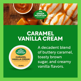 Green Mountain pod with muted caramel drizzle suggesting indulgent flavor without heaviness