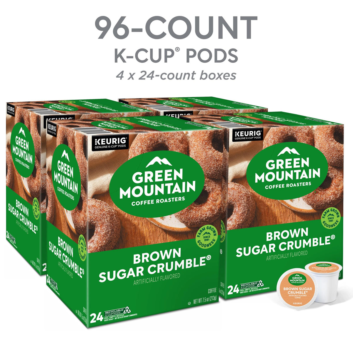 Green Mountain Coffee Roasters Brown Sugar Crumble four-pack box for easy storage.