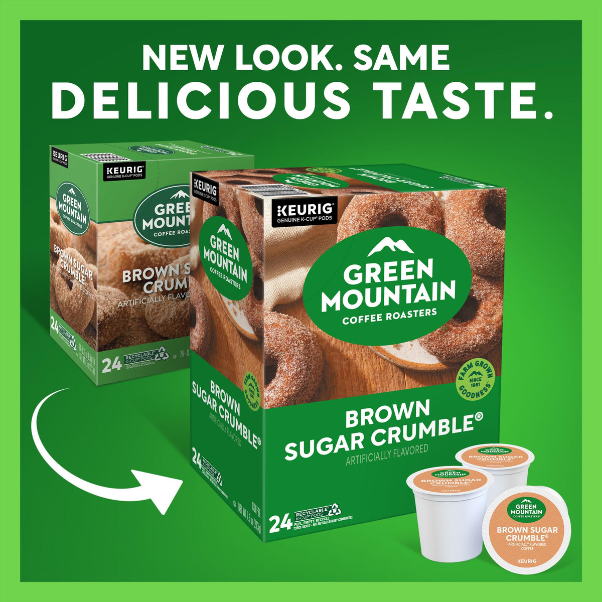 Green Mountain Coffee Roasters Brown Sugar Crumble packaging box highlights 96-count multi-pack.