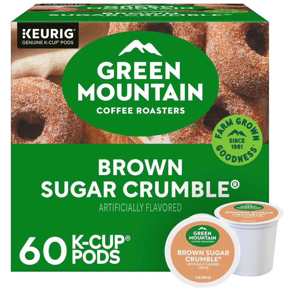 Green Mountain Brown Sugar Crumble packaging front highlights flavor and responsible sourcing.