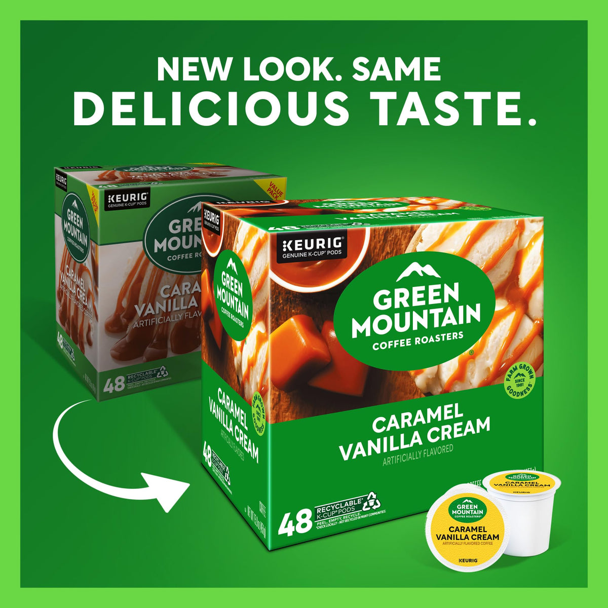 Green Mountain Caramel Vanilla Cream K-Cup packaging showing flavor