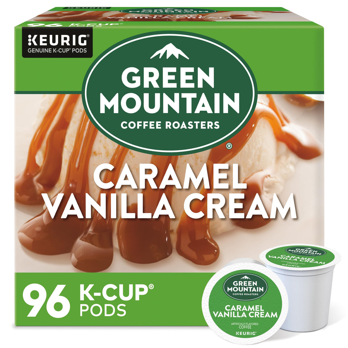Green Mountain Caramel Vanilla Cream K-Cup packaging highlighting premium flavor and gifting appeal