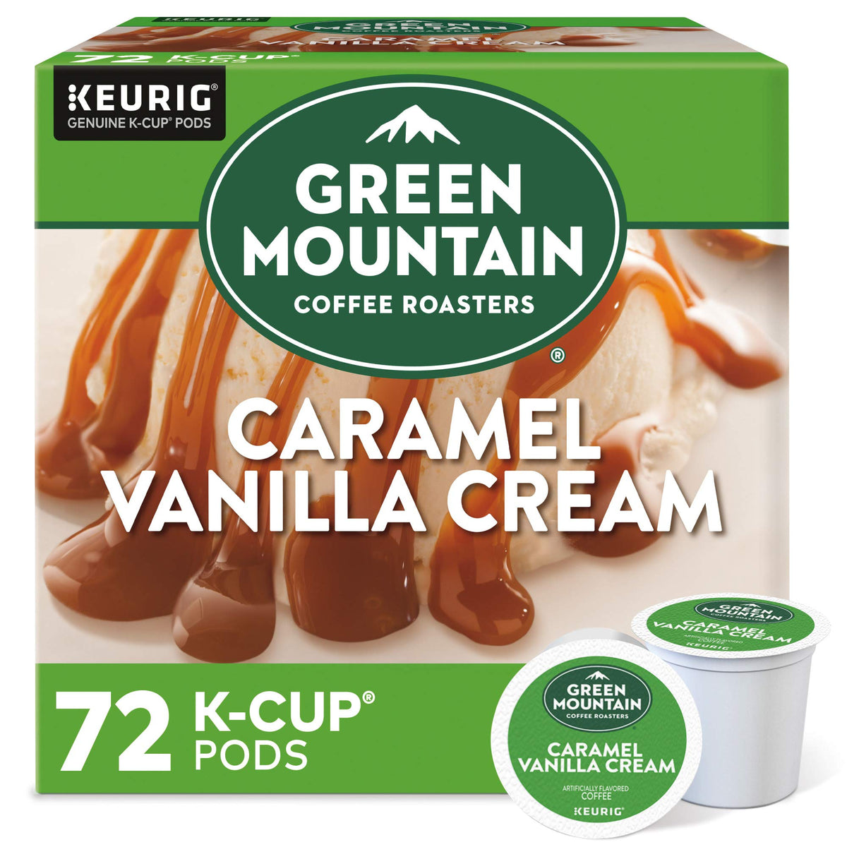 Green Mountain Caramel Vanilla Cream K-Cup pod ready for a quick indulgent morning brew