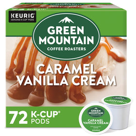 Green Mountain Caramel Vanilla Cream K-Cup pod ready for a quick indulgent morning brew
