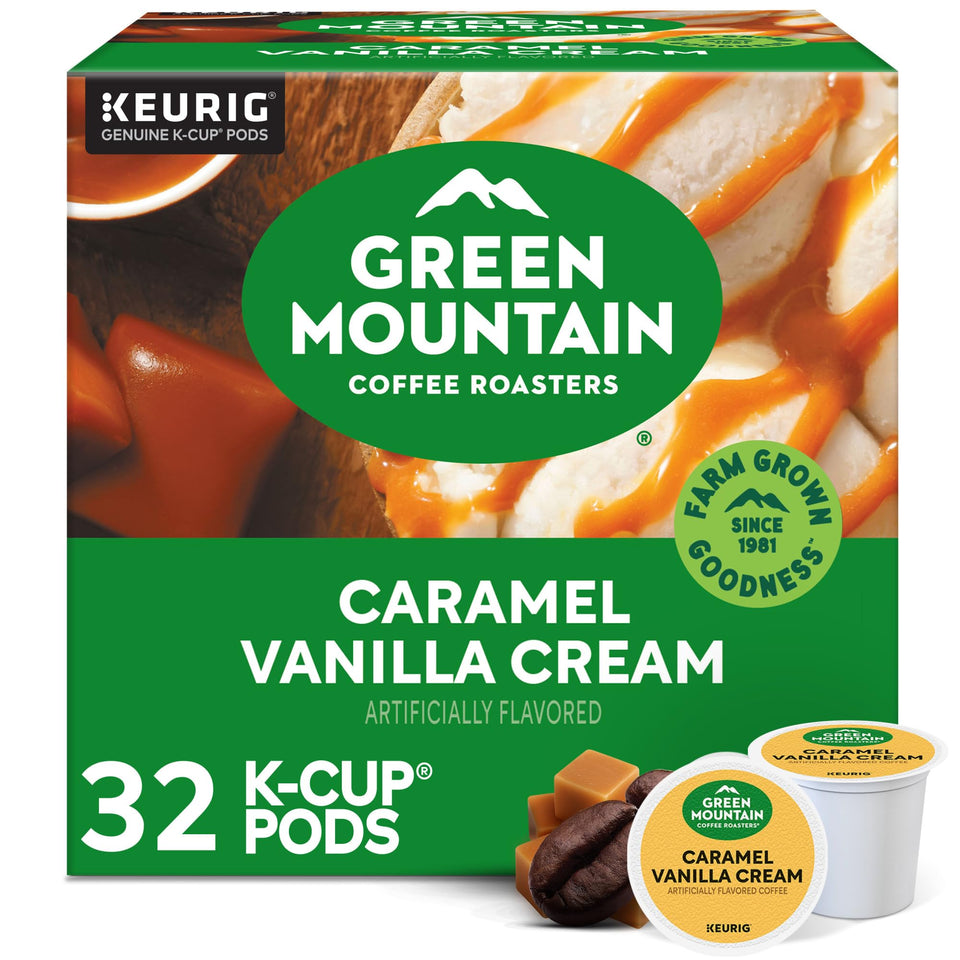 Green Mountain Caramel Vanilla Cream pod closeup with bold aroma promise for a silky morning cup