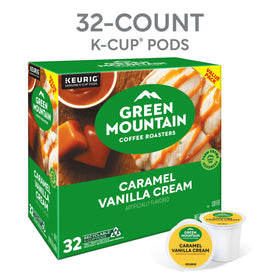 Green Mountain Caramel Vanilla Cream pod closeup illustrating creamy sweetness enhancing breakfast