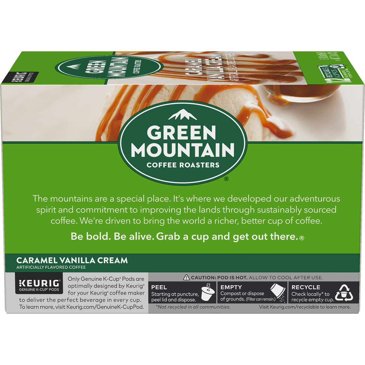 Green Mountain Coffee Roasters Caramel Vanilla Cream pouring into a mug.