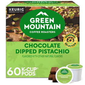 Green Mountain Coffee Roasters chocolate dipped pistachio pods box highlighting seasonal flavor