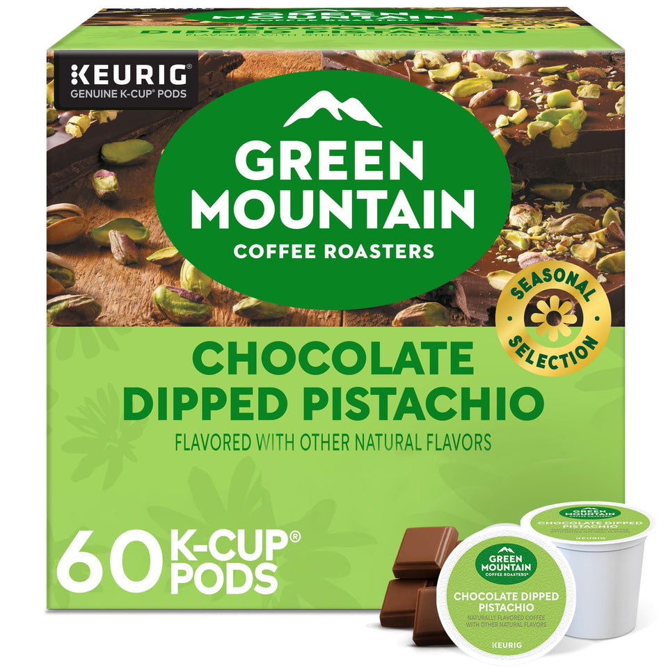 Green Mountain Coffee Roasters chocolate dipped pistachio pods box highlighting seasonal flavor