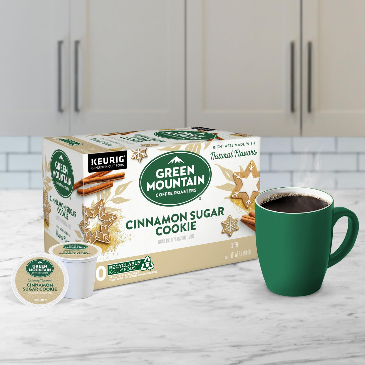 Green Mountain Cinnamon Sugar Cookie cup ready shows inviting flavor for cozy mornings.