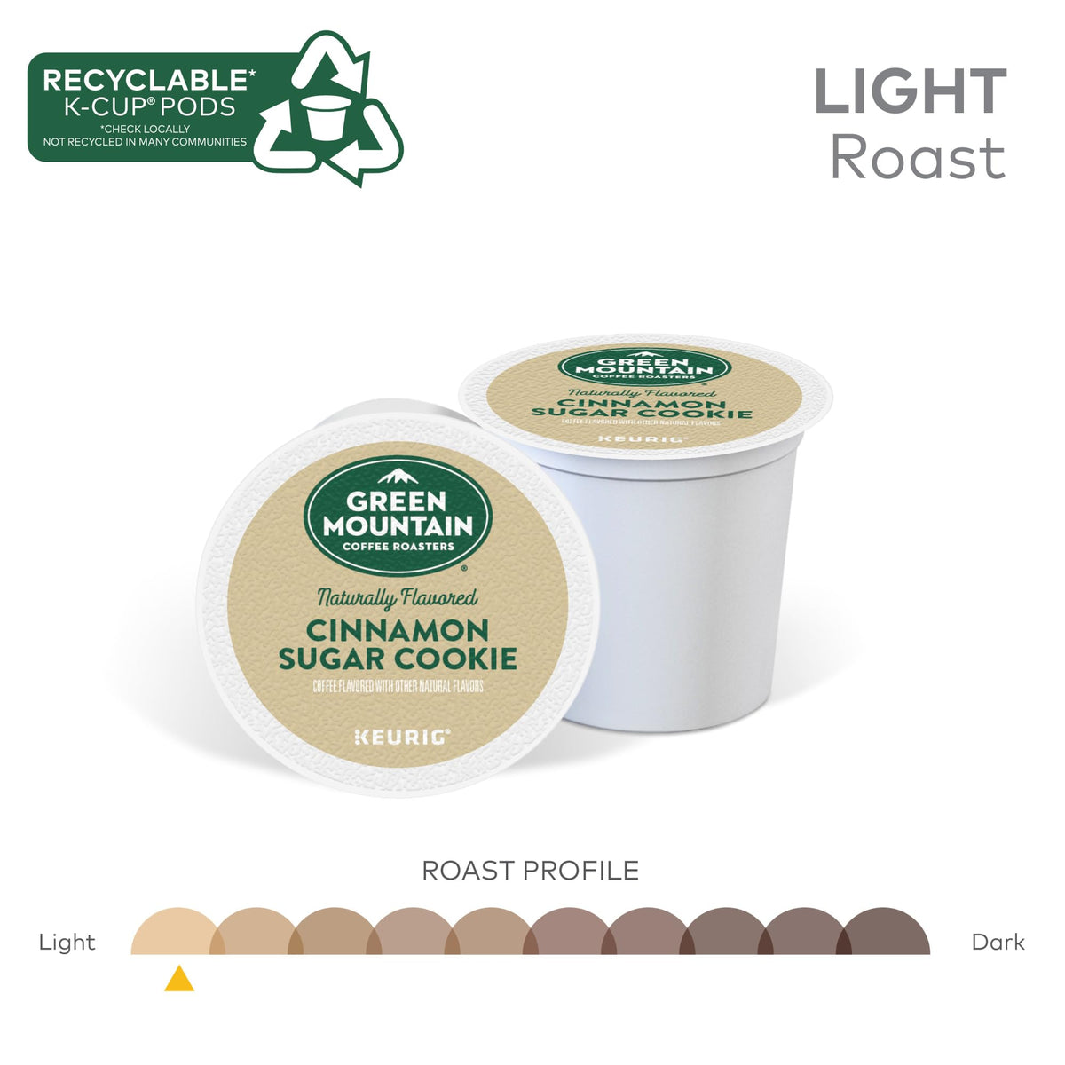 Green Mountain Cinnamon Sugar Cookie packaging highlights sustainable sourcing and quality.