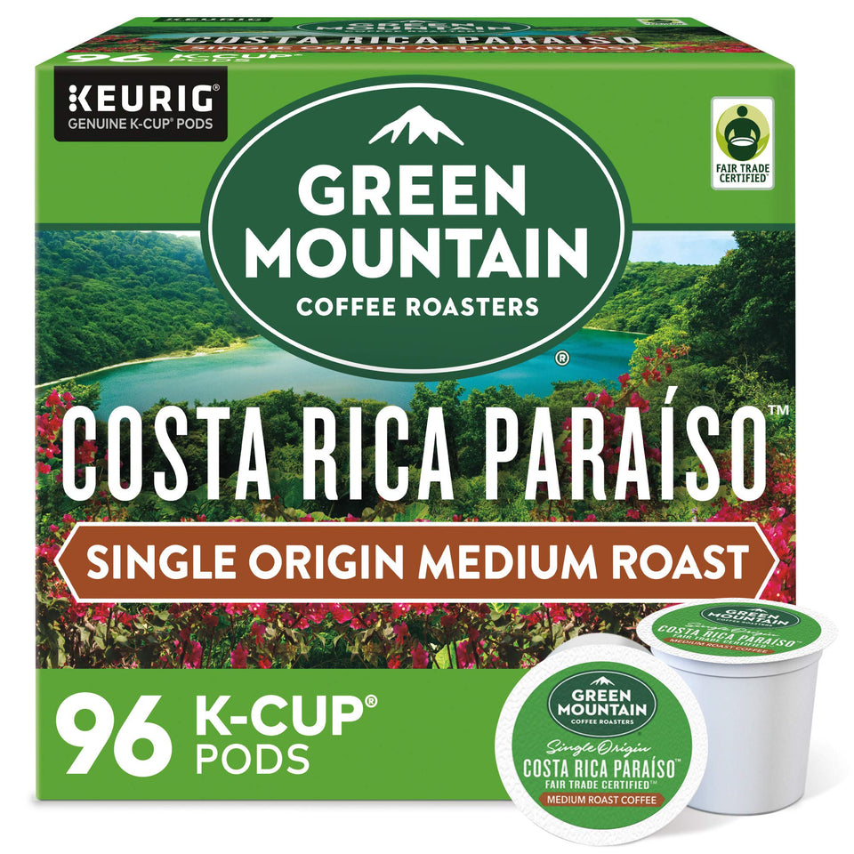Green Mountain Coffee Roasters Costa Rica Paraiso box showcases 96-count pods for easy mornings.