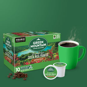 Green Mountain Paraiso K-Cups near recycling bin highlighting recyclability.