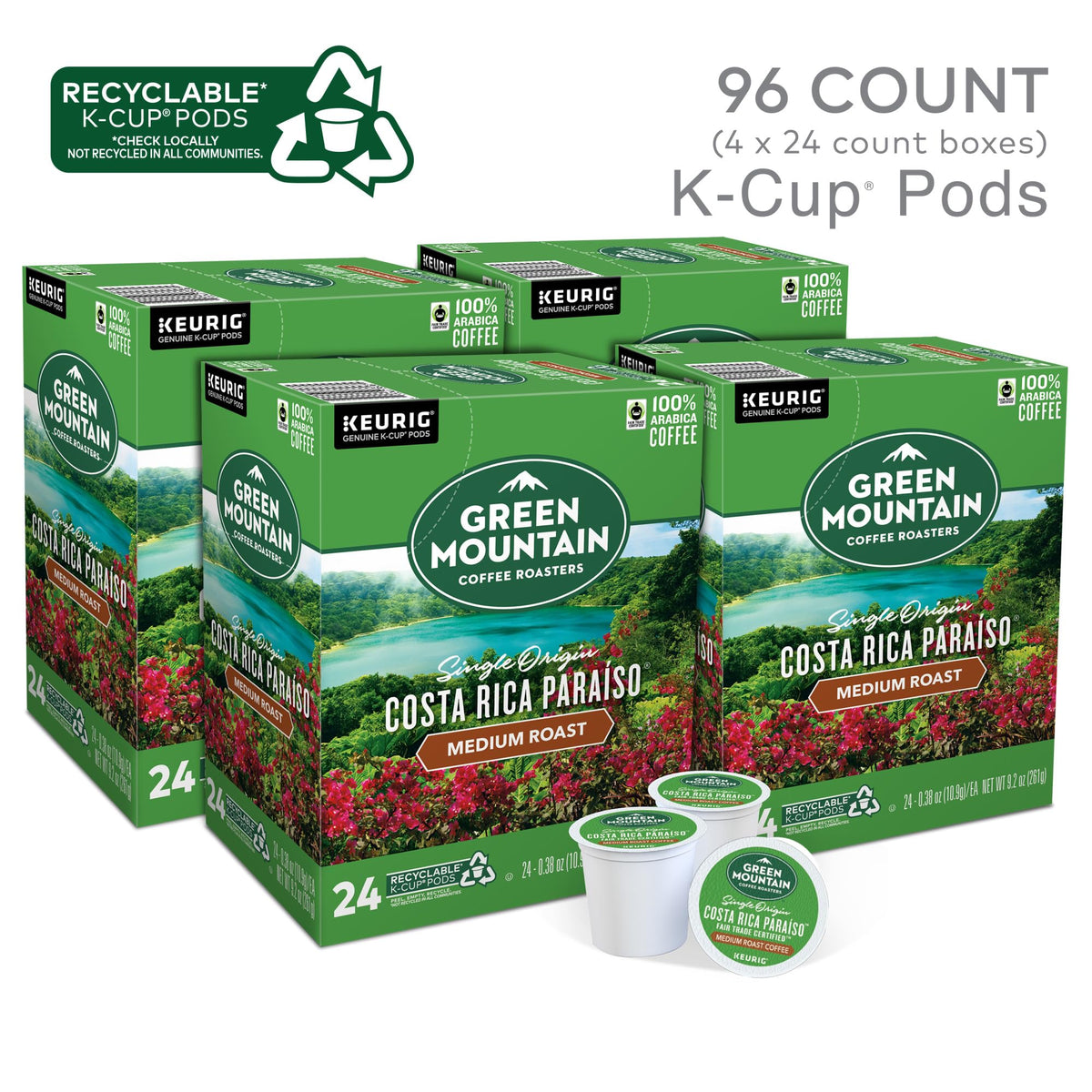 Green Mountain Coffee Roasters Costa Rica Paraiso K-Cup pod close-up highlighting Arabica richness.