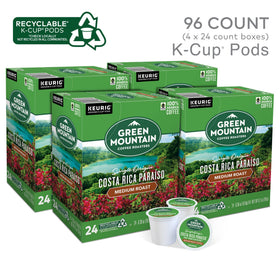 Green Mountain Coffee Roasters Costa Rica Paraiso K-Cup pod close-up highlighting Arabica richness.